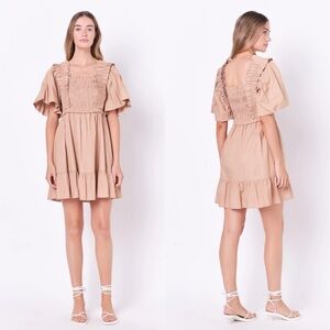 English Factory Mini Dress with Puff Sleeves Taupe
